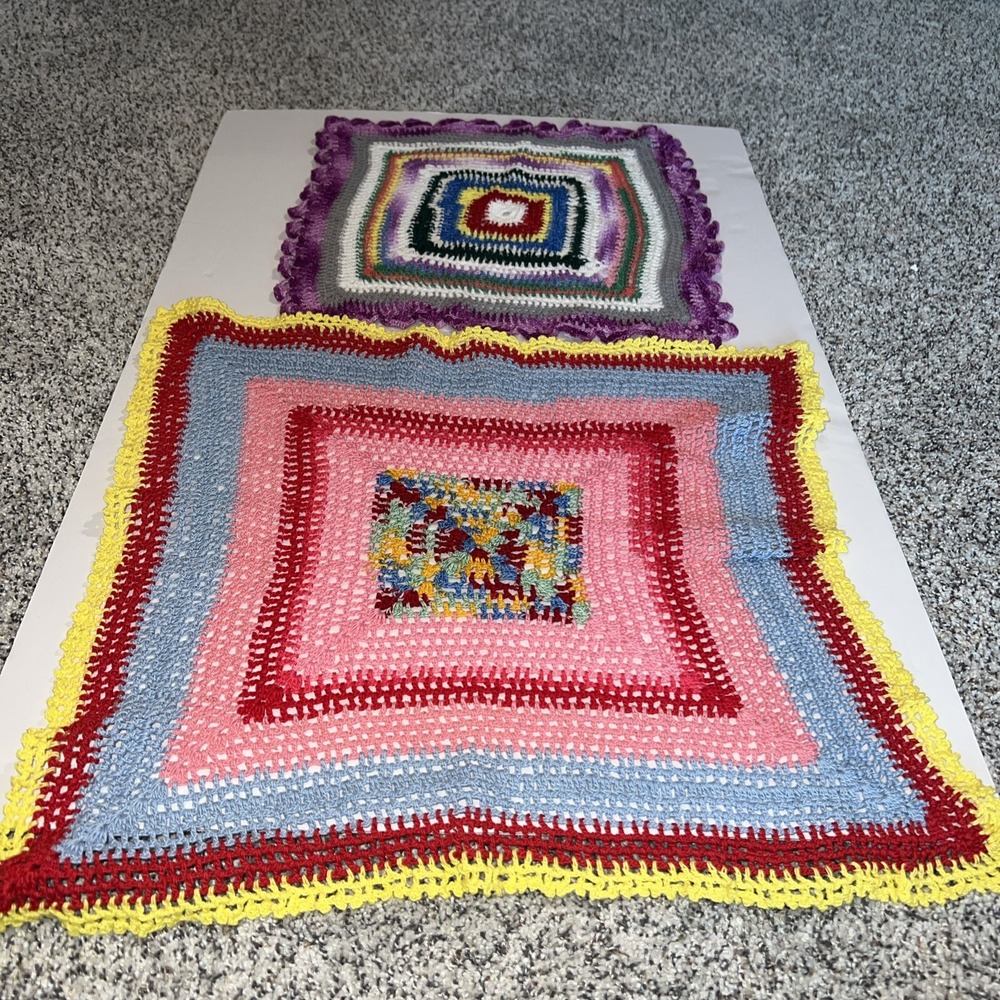 Set Of 2 Vintage Square Multi Color Doilies. 13" And 17"